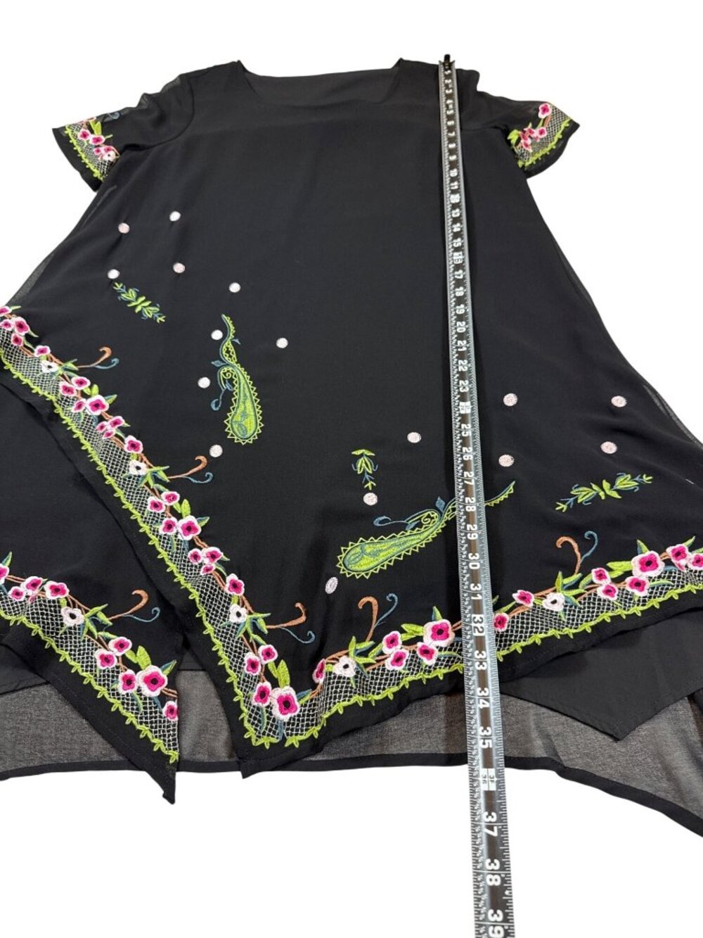 Black Tunic dress Floral & Paisley Embroidery Asymmetrical Hem Large (i701) - Picture 2 of 6
